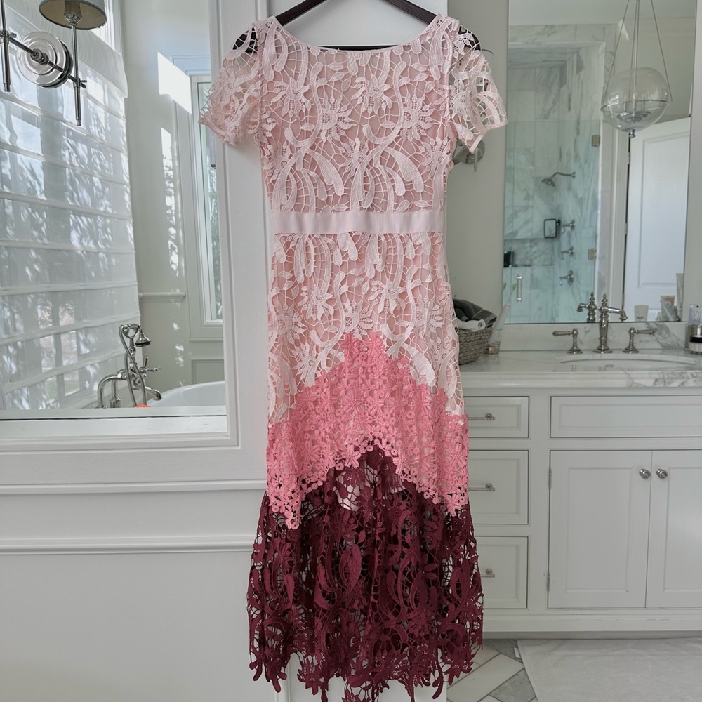 NWT MAJE Pink Red Color-Block Floral Lace Romarin Showstopper Midi Dress SZ 1